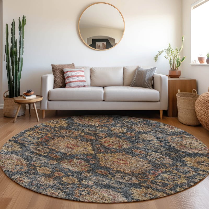 Machine Washable Indoor/ Outdoor Vintage Persian Chantille Rug - Navy - 8' x 8'