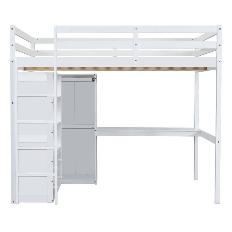 Full Size Pinewood Loft Bed with Built-in Study Desk and Wardrobe, Storage Shelves and 2 Drawers, Full-length Guardrails