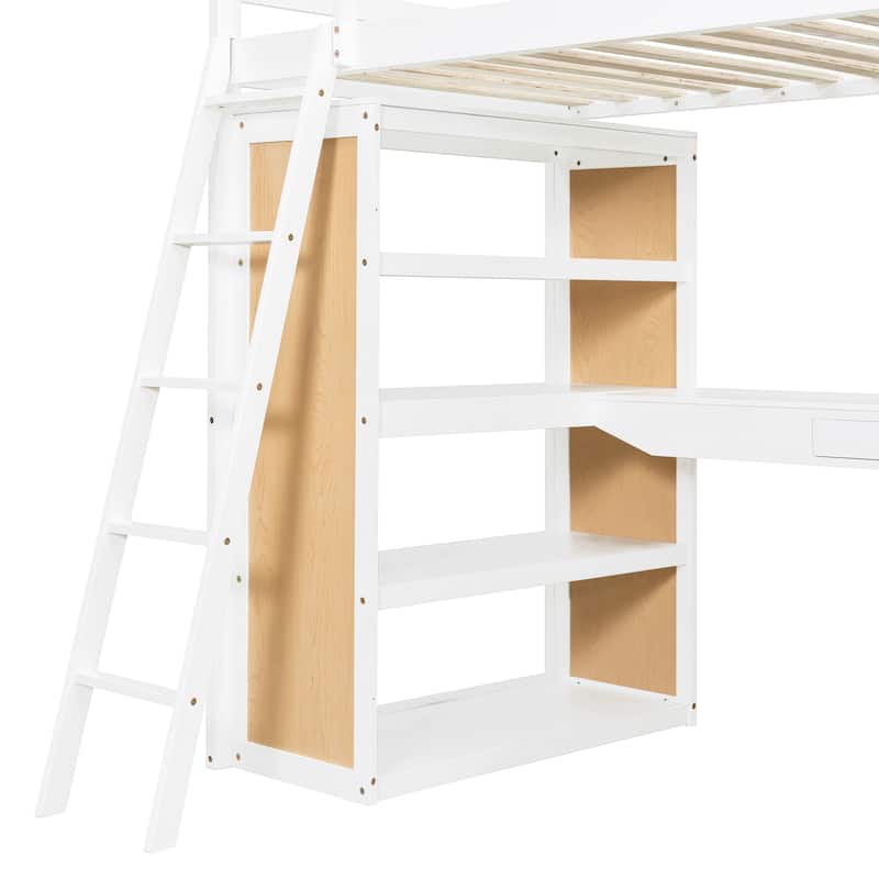 Roomfitters Twin Size Loft Bed with Ladder, Shelves and Desk, White