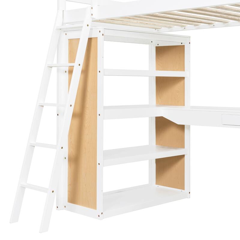 Twin Size Loft Bed with Built-in Desk, Storage Shelves and Drawer