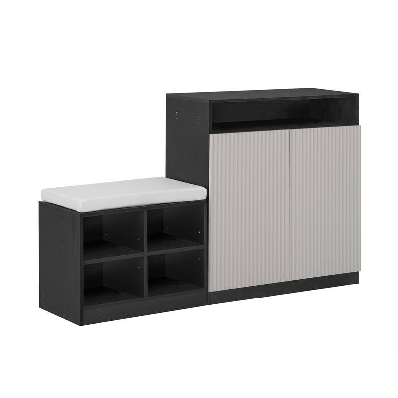 Livingroom Cabinet with Shoe Bench, 2 Doors and 3-Tier Adjustable Shelves, Entryway Bench with 4 Open Shoe Racks
