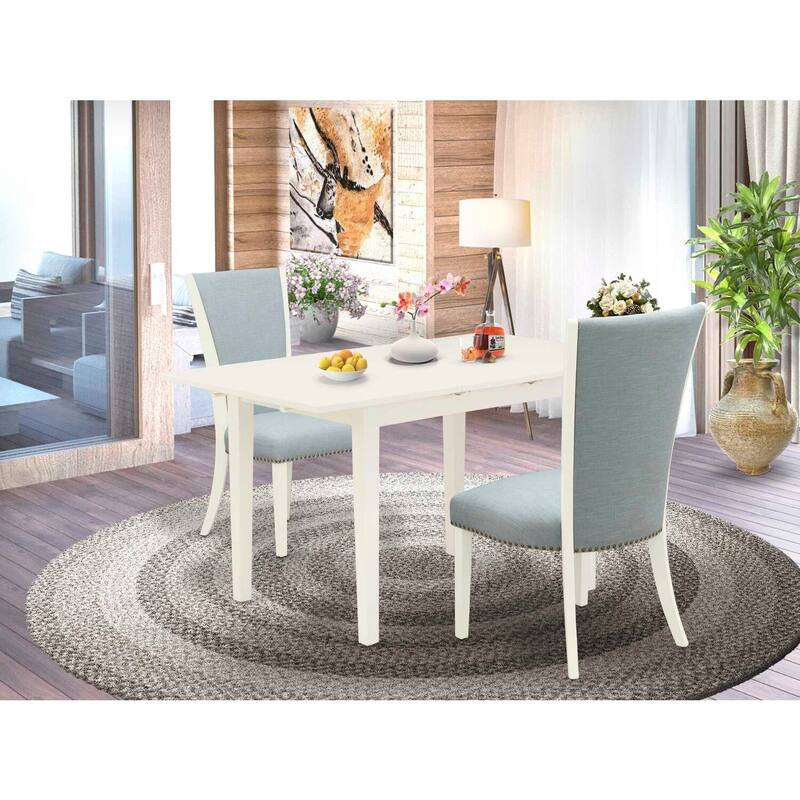 3-Piece Linen White Finish Rectangular Solid Wood Top Dining Table Set