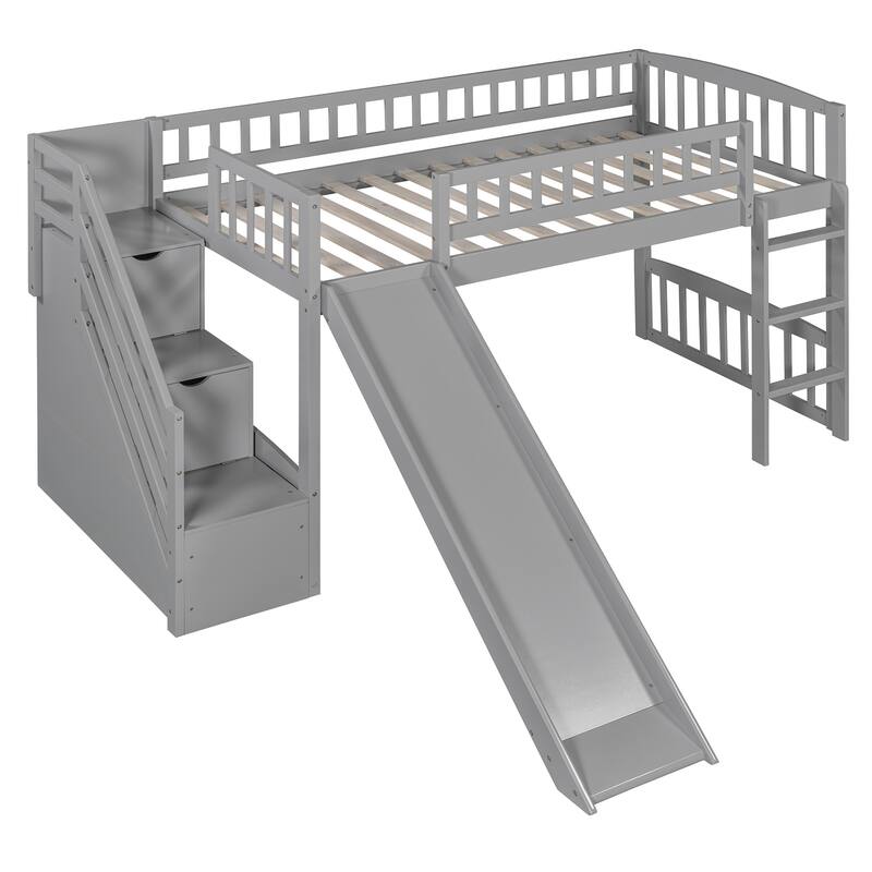 Twin Size Loft Bed with Drawers, Slide, and Staircase, Gray