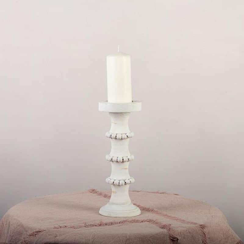 Washed White Wood With Beads Column Candle Holder