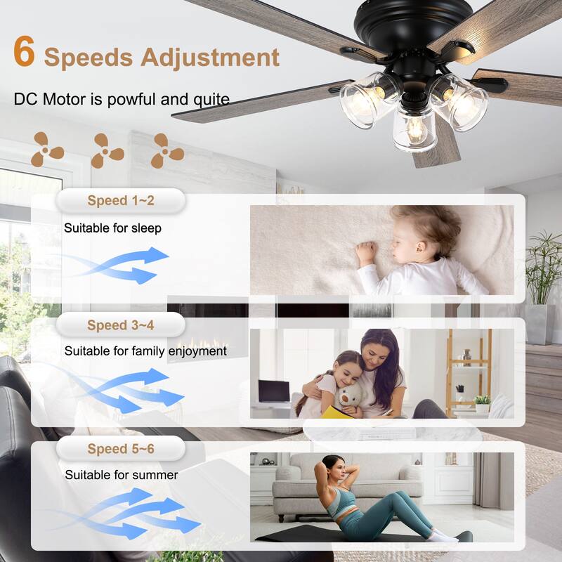 Bella Depot 52" 3-Light Brown Flush Mount Ceiling Fan with Light and Remote Control 6-speed Reversible Timer DC Motor