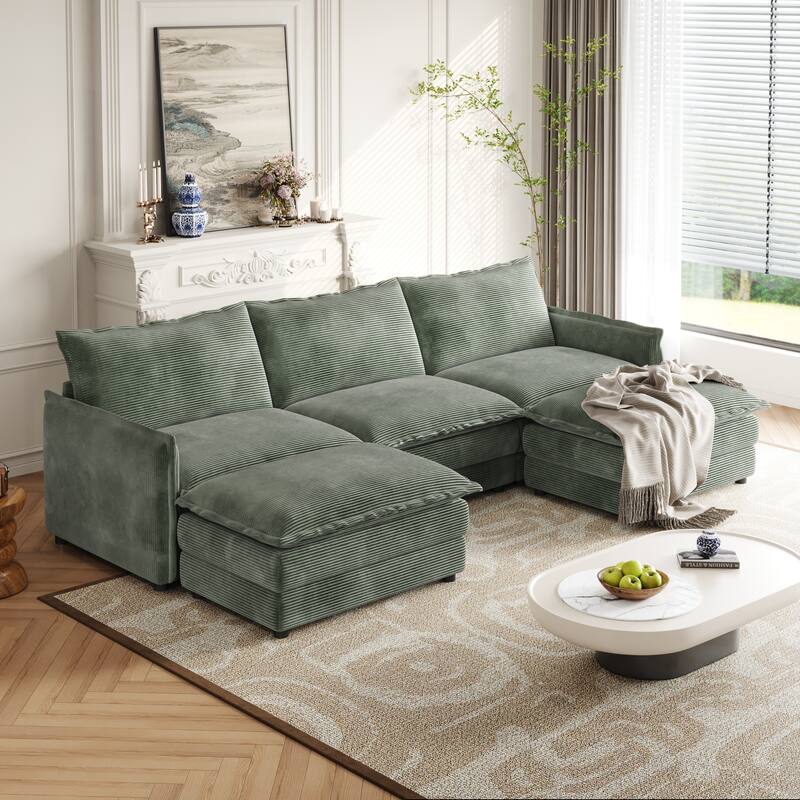 Corduroy Upholstered Modular Sectional Sofa U Shaped Cloud Couches with 2 Ottomans