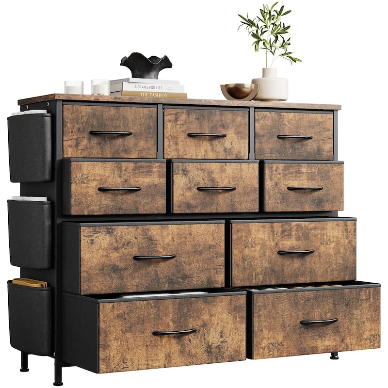 Fabric 10 Drawer Dresser for Bedroom, Metal Frame Storage Organizer Chest with Side Pockets, Hooks