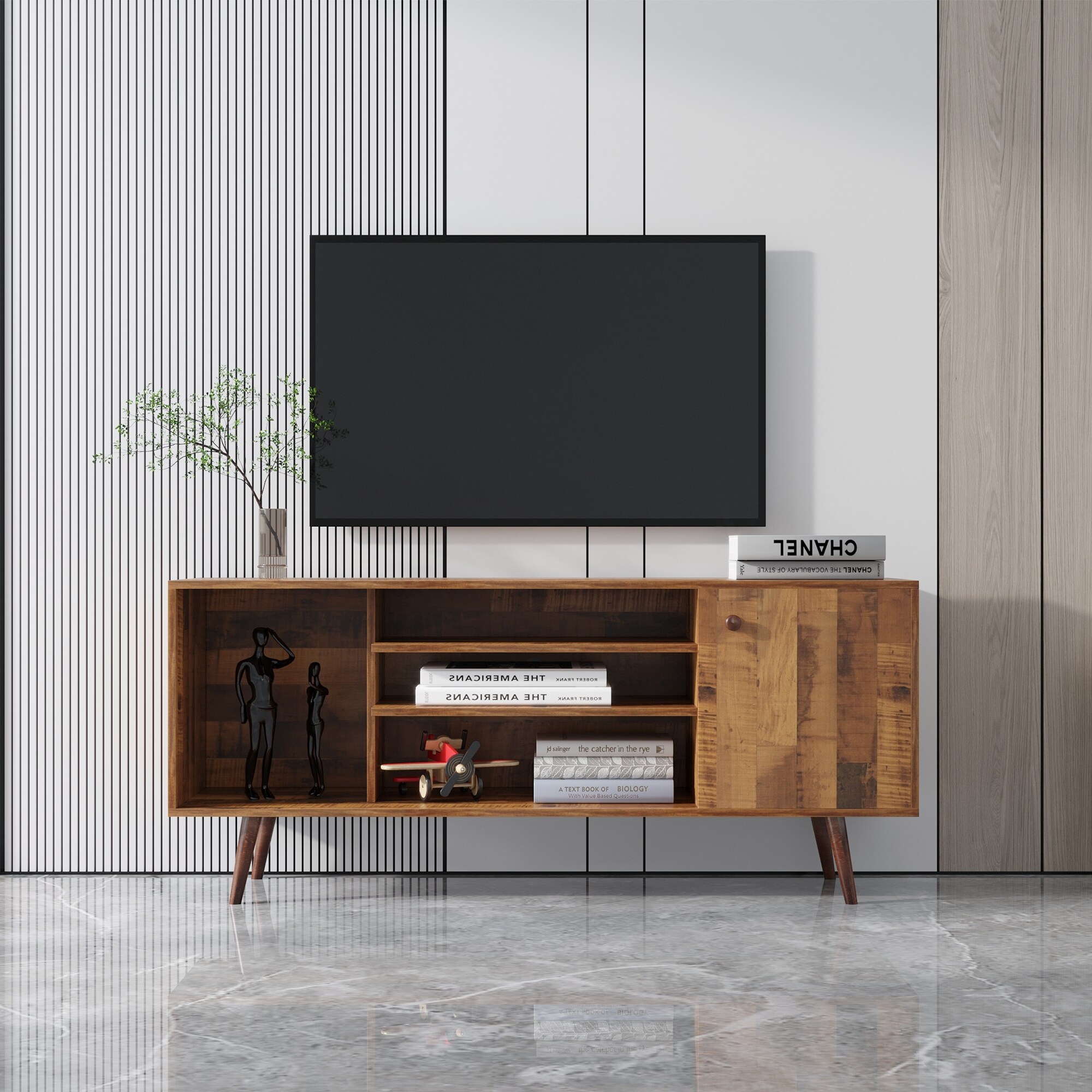 53 Mid Century Wooden Legs TV Stand with 2 Tier Open Shef 1