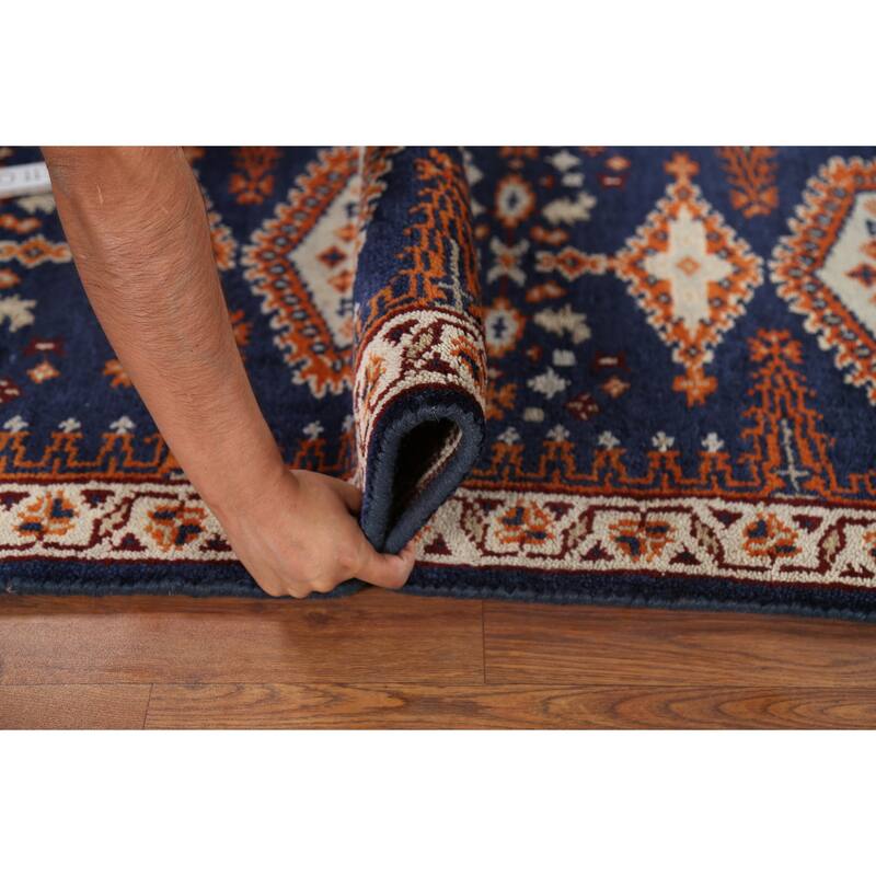 Blue Geometric Viss Oriental Runner Rug Handmade Wool Carpet - 2'7"x 7'10"