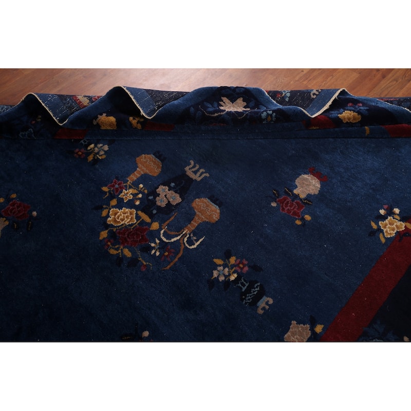 Vegetable Dye Blue Art Deco Chinese Antique Rug Handmade Wool Carpet - 6'1"x 8'10"