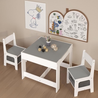 Kids Table and Chair Set, 3 in 1 Wooden Activity Table with Storage Drawer, 2 in 1 Detachable Tabletop Table Set
