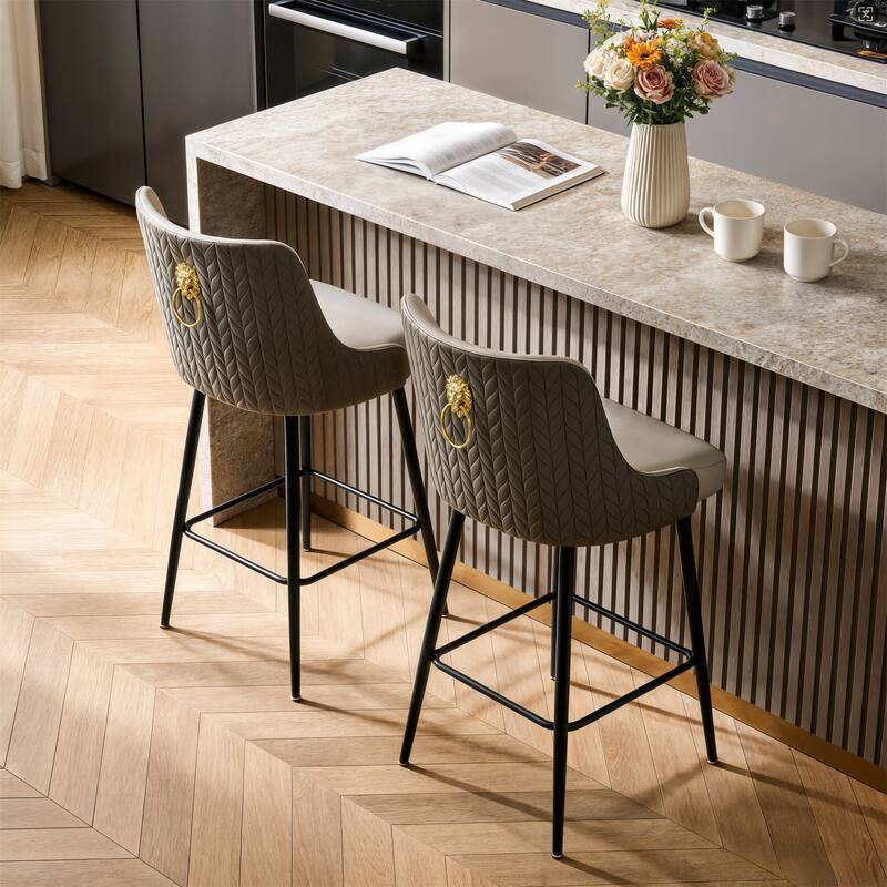 360 Swivel Upholstered Counter Height Bar Stools Kitchen Island Breakfast Chairs with Lion Head Pull Ring Footrest - Grey and Dark Grey - Set of 2