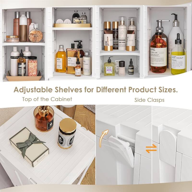 Foldable Slim Rolling Storage Cabinet with Doors, 4-Tier Plastic Organizer Tower with Wheels for Bathroom or Kitchen