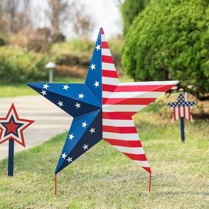 Glitzhome Metal Americana Stars Stripes Yard Stake Wall Sign with Welcome Flag