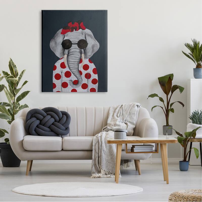 Stupell Fashionable Elephant Sunglasses Bow Polka Dot Pattern Portrait Canvas Wall Art