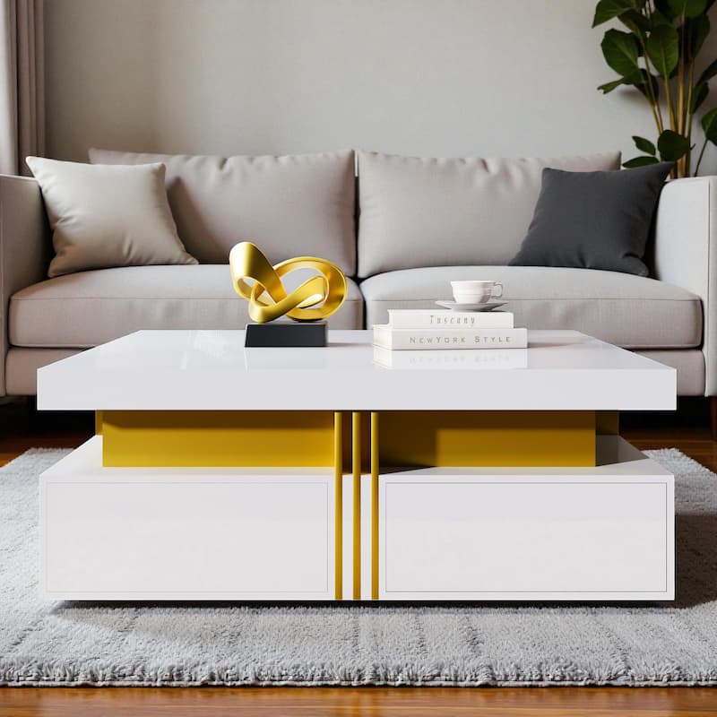 43.3" Modern Glossy Square Coffee Table with 4 Storage Drawers, High Gloss MDF Center Table for Living Room