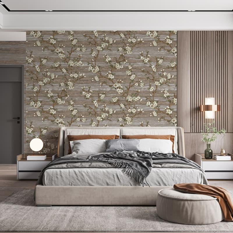 Flocked Botanical Blossom Pattern Stylish Floral Wallpaper