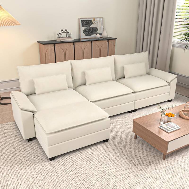 Kullavik Cloud Chenille L-Shaped Sofa, Modular Sectional Sofa with Ottoman, Throw Pillows and Double Layered Cushion