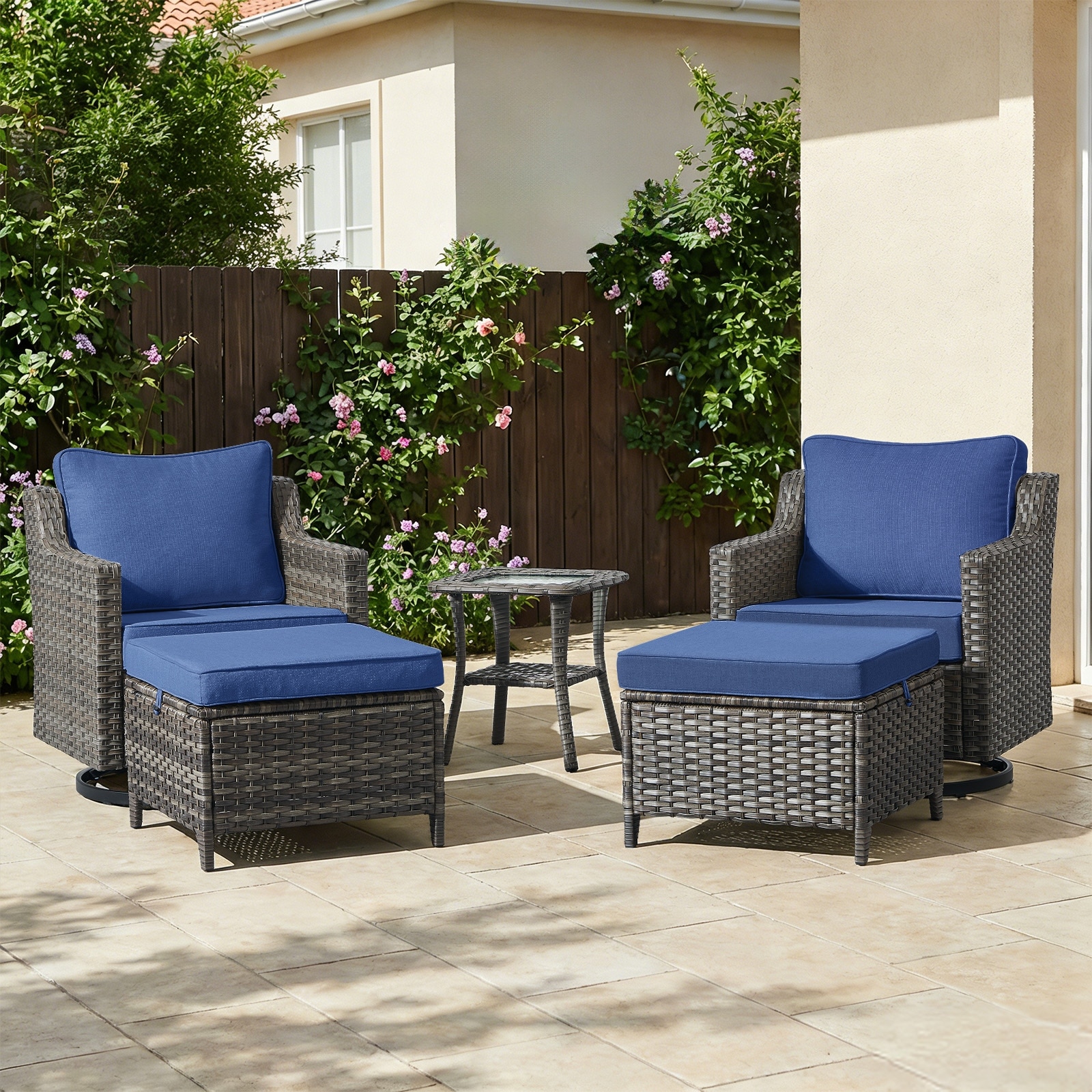 Meyreso 5-Piece Gray Wicker Patio Swivel Gliders Conversation Set with 4-Inch Thick Olefin Cushions