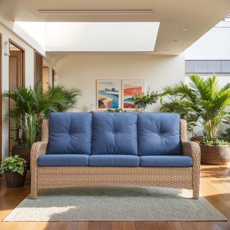 Outdoor Patio Sofa & All-Weather Rattan Sofa - Blue - Yellow