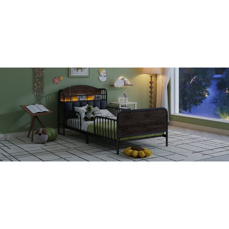 Roomfitters Twin/Full Metal Platform Bed, LED Storage Headboard and Guardrails with Metal Frame for Bedroom or Guest Room