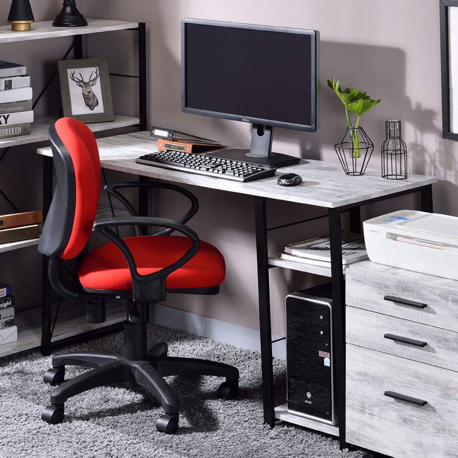 Rectangular Writing Desk with 2 Tier Shelf, Antique White and Black