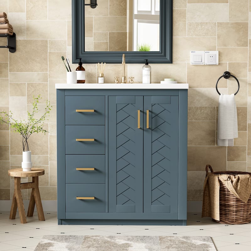 Freestanding Vanity Cabniet for Bathroom with Ceramic Sink, 3 Drawers, Soft Closing Doors and Gold Metal Handles - Blue
