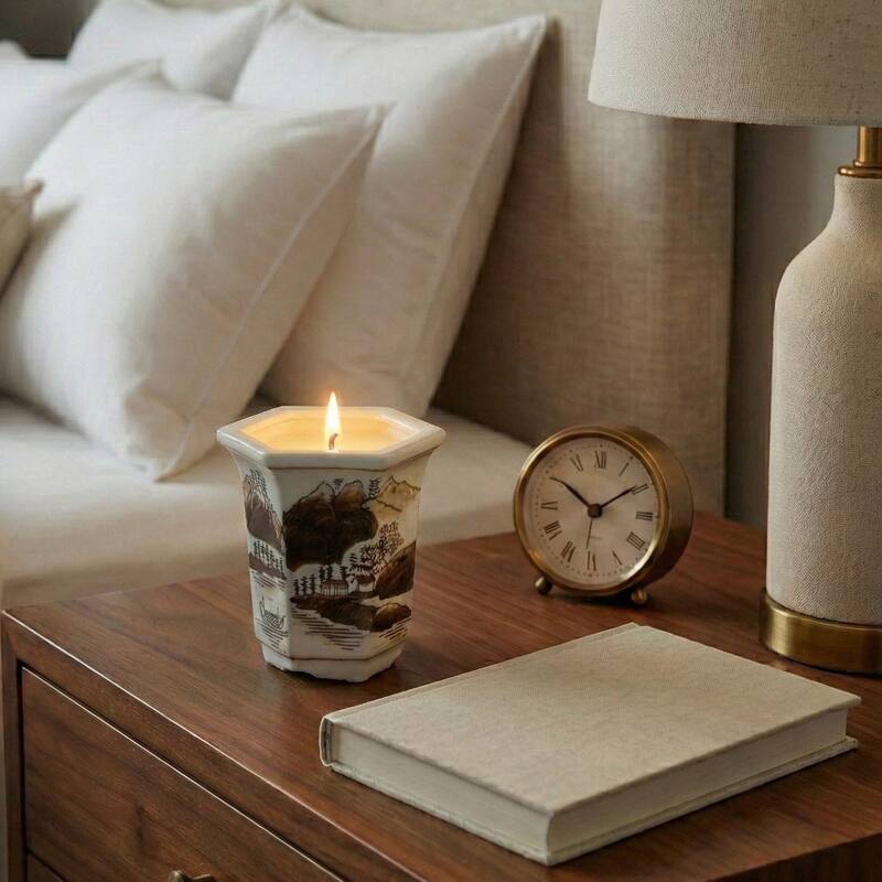 Modern Chinoiserie Ceramic Candle - Sage and Eucalyptus Scented