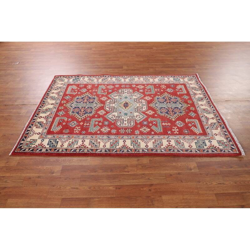 Kazak Oriental Area Rug Hand-Knotted Red Wool Carpet - 4'1" x 5'11"