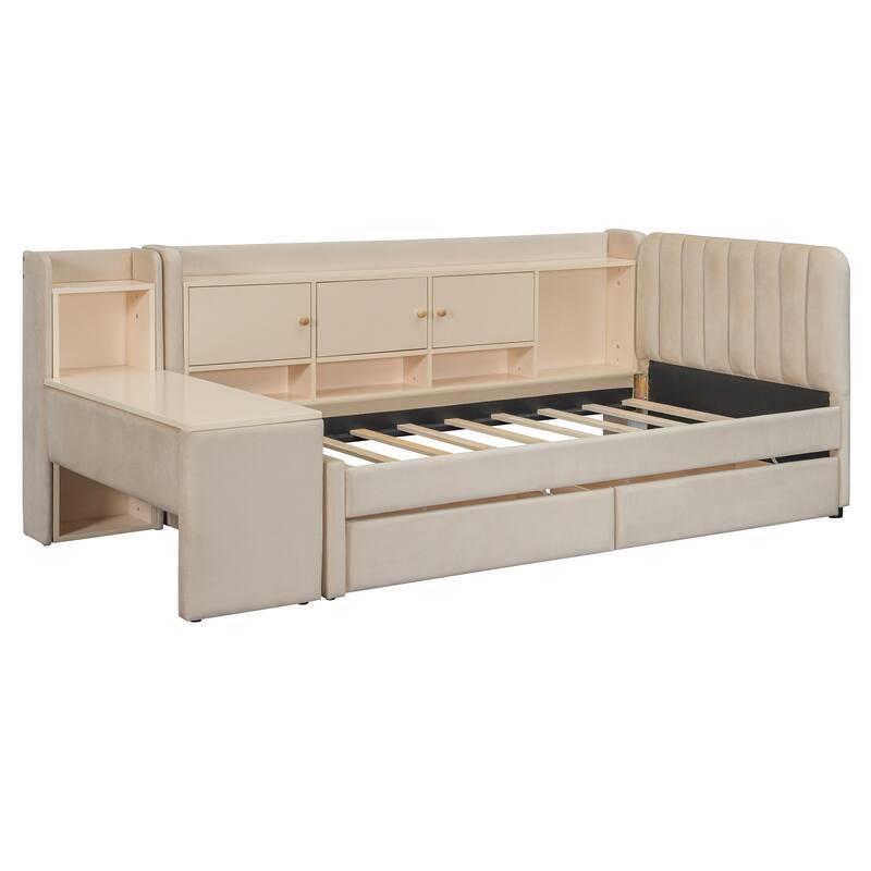 Twin Size Upholstered Daybed with Drawers, Shelves, Flip Cabinets & Side Table
