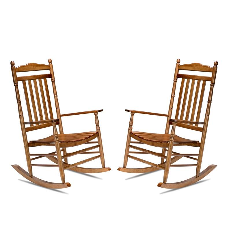 Outdoor Wood Rocking Chair 450 lbs High Back Solid Wood Relaxing Rocker - Natural - 2 Pack