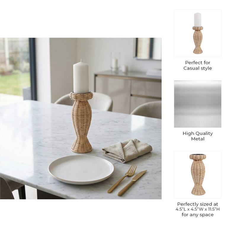 Candle Holder - Brown Metal Handwoven Raffia Pillar
