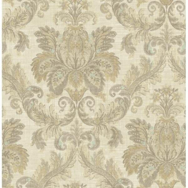 slide 2 of 6, Seabrook Designs Rosita Acanthus Damask Unpasted Wallpaper 20.5 in. W x 33 ft. L - Metallic Tan & Beige