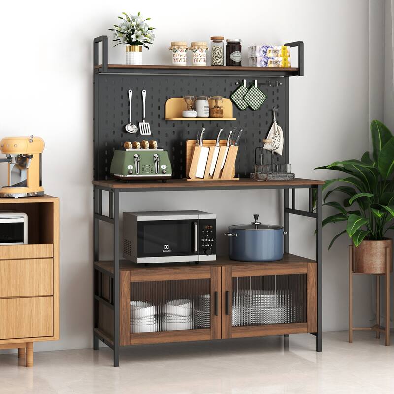 Kitchen Bakers Rack with Door, Microwave Oven Stand, Utility Storage Shelf, Durable Kitchen Organizer for Small Spaces - Black
