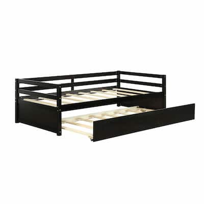 Metal Twin Size Trundle Platform Bed Frame with Wooden Slat Support and Space-Saving Design