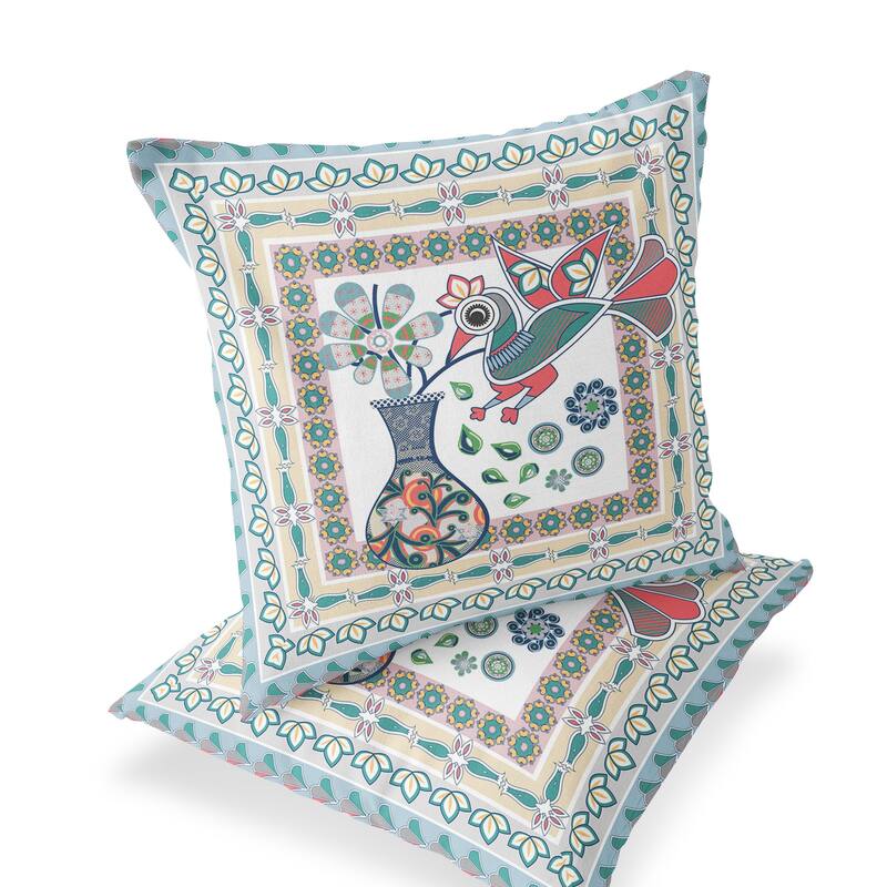 HomeRoots Set of Two 16" X 16" Pink and White Peacock Blown Seam Floral Indoor Outdoor Throw Pillow - 16.00' X '16.00' X '5.00