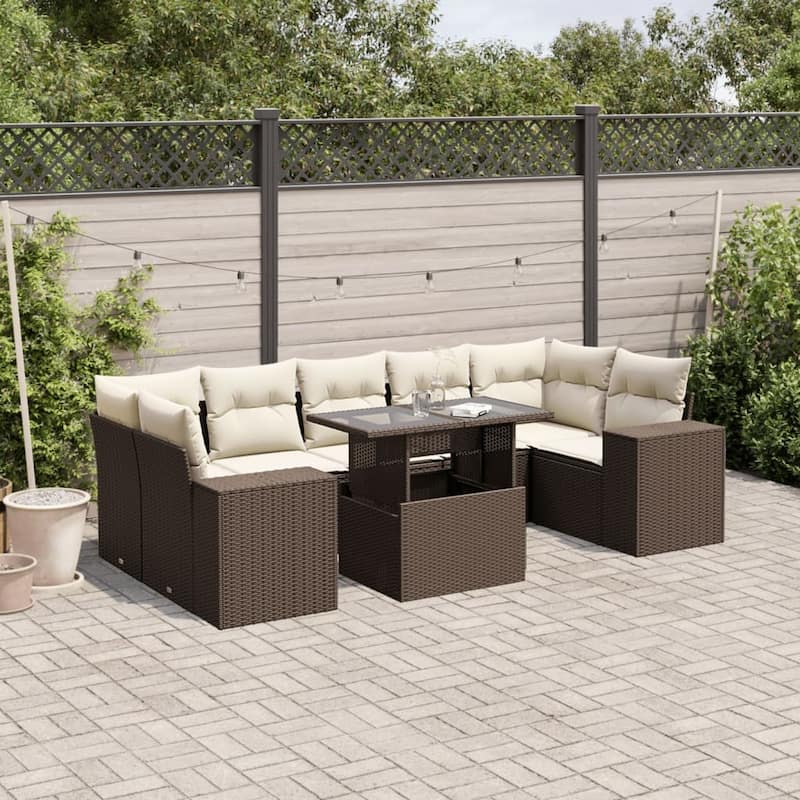 vidaXL Patio Sofa Set with Cushions Outdoor Furniture 8 Piece Poly Rattan - 24.4 x 24.4 x 27.2 - Brown and Cream-without storage