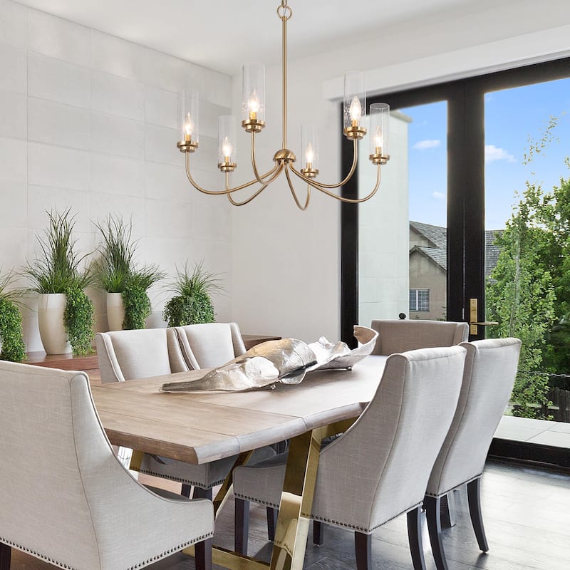 Maisi Modern Glam 6-Light Gold Cylinder Glass Chandelier for Dining Room Bedroom - D25"xH24.5"