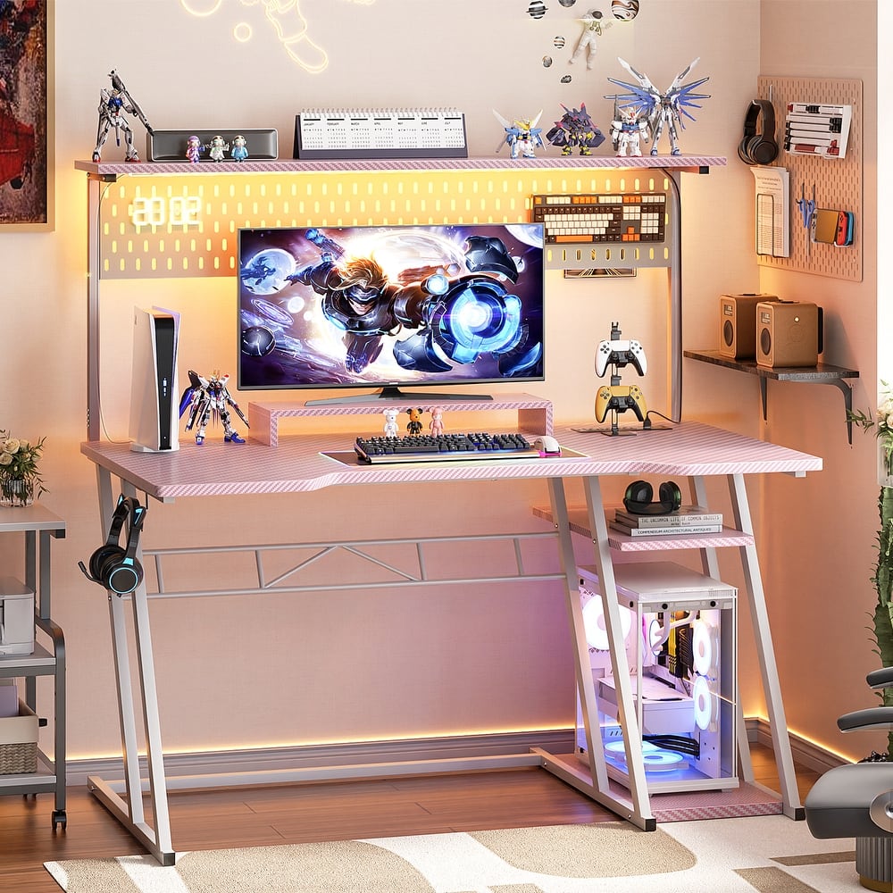 Gaming Desk with Hutch and LED Lights, Computer Table with Storage Shelves