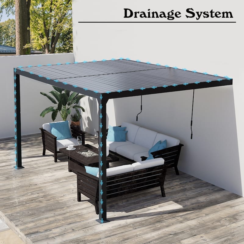 Aoodor Outdoor Aluminum Wall Mounted Louvered Pergola Waterproof Gazebo Sun Shade Shelter with 2 Adjustable Rainproof Panels