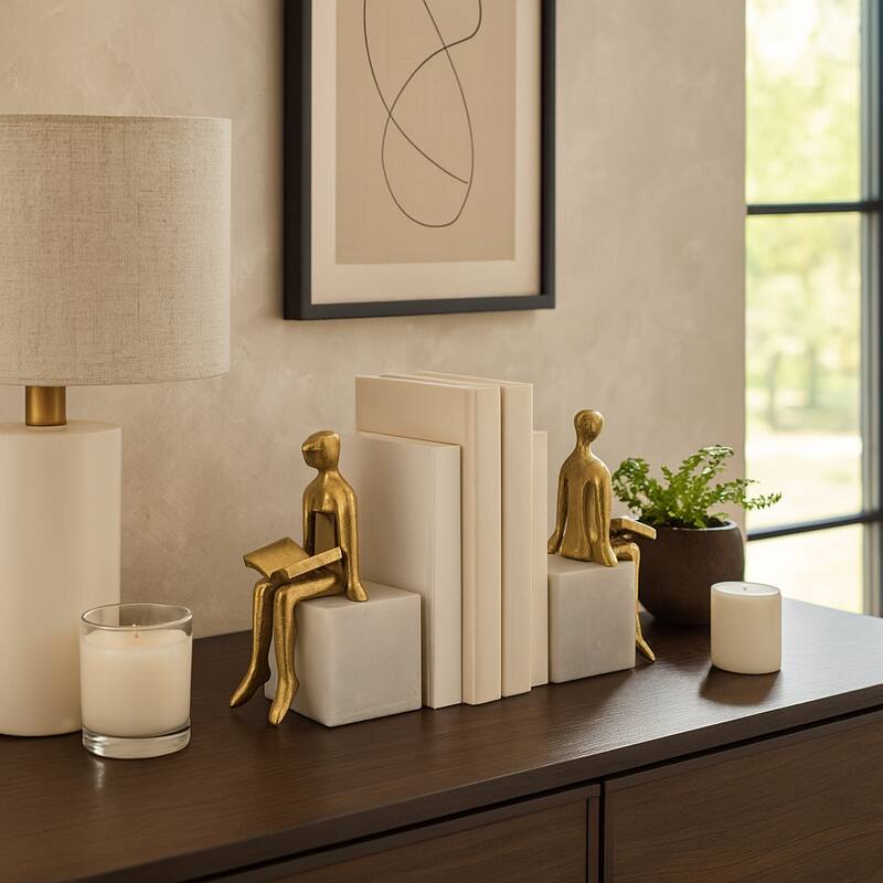 Metal Decorative Bookends Modern Seated Figurine (Set of 2) - 8" White - 7.5" - White - 7.5"