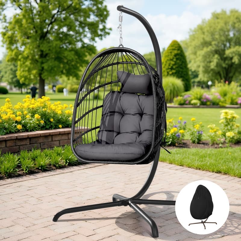 Oversized Wicker Hanging Egg Chair with Stand, Outdoor Indoor Swing Chair with Cushion, 350 lb Capacity - Dark Grey/Cover