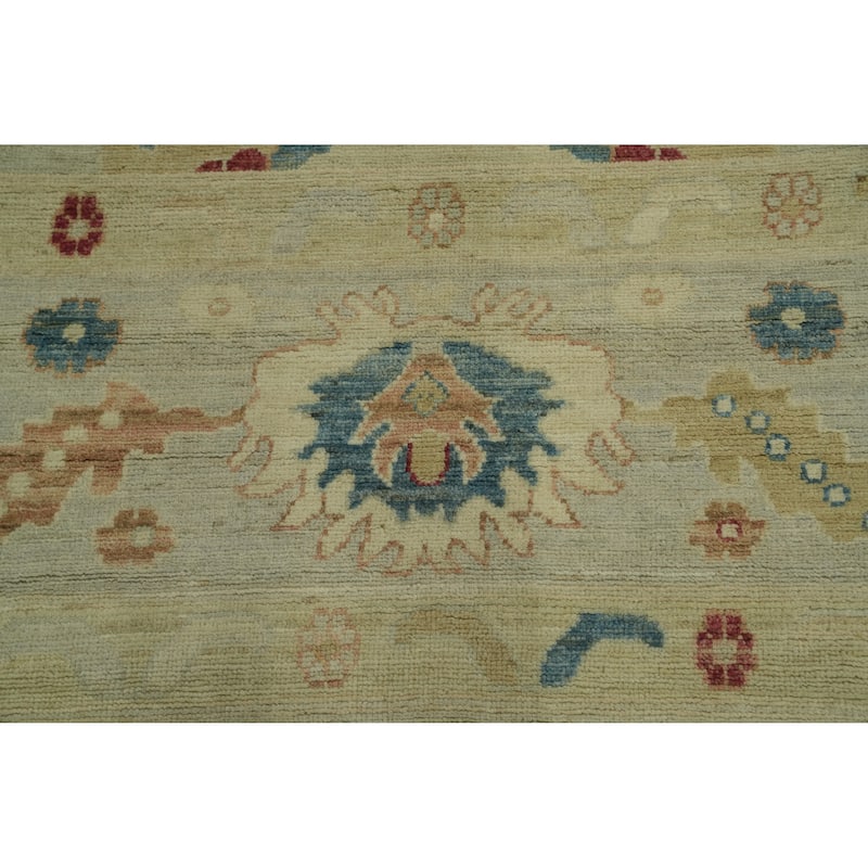 Vegetable Dye Wool Oushak Turkish Area Rug, Floral Geometric Carpet - 12' 2'' X 8' 11''