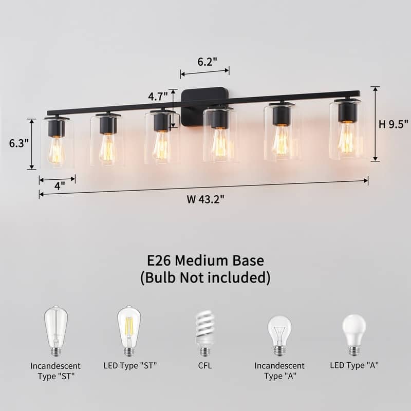 KAWOTI 6-Light Square Clear Glass Shade Vanity Light