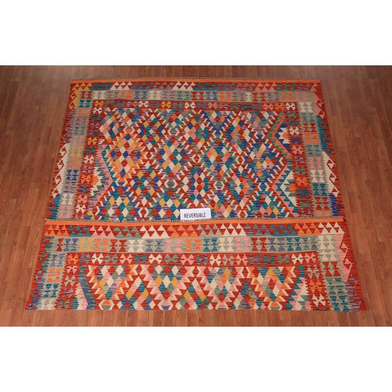 South Western Style Kilim Area Rug Hand-Woven Multi-Color Wool Carpet - 8'1" x 9'10"