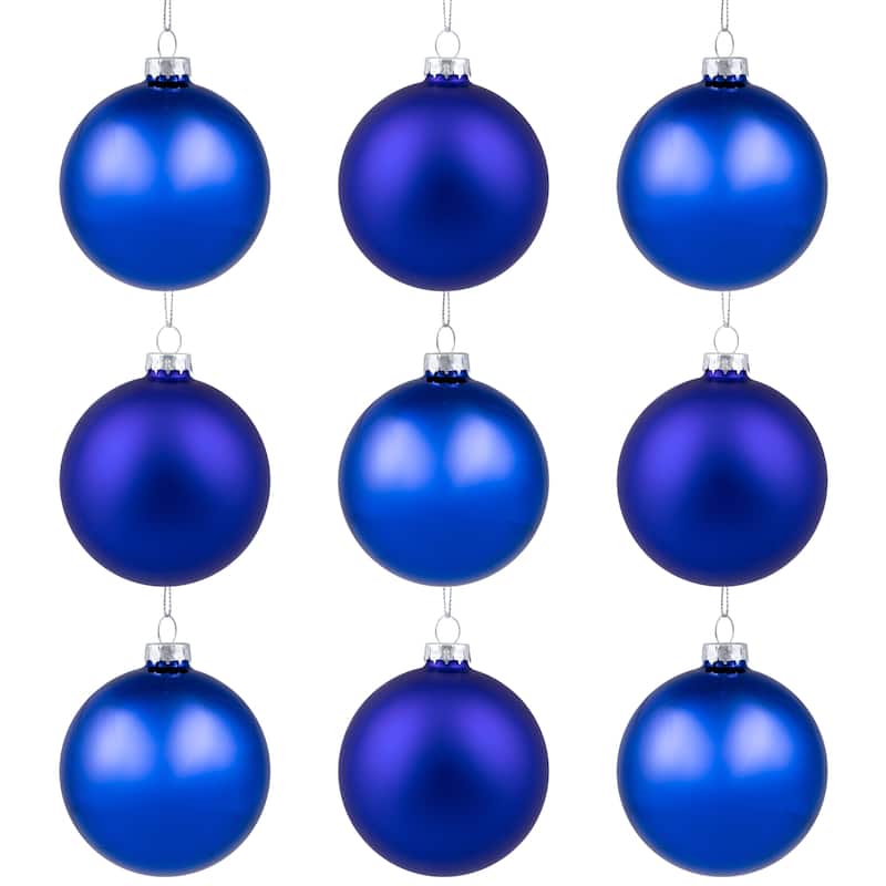 9ct Shiny Matte Blue and Silver Glass Ball Christmas Ornaments 2.5"
