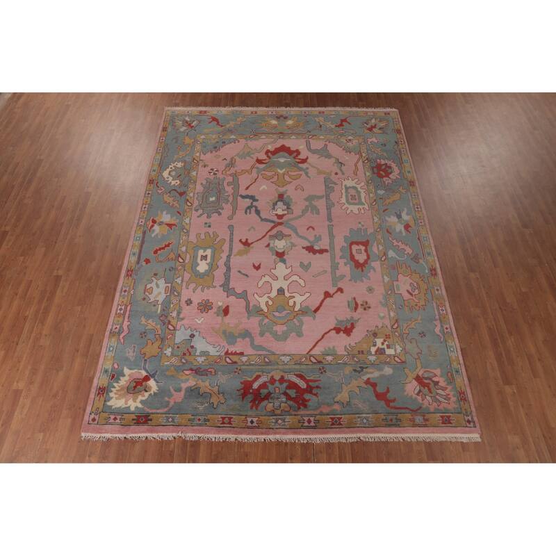 Pink Oushak Area Rug Handmade Transitional Floral Wool Carpet - 9'0"x 12'0"