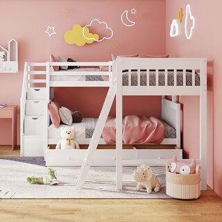 Triple Bedframe w/ 3 Drawers, White Platform, L-Shaped Twin Over Full Bunk Bed