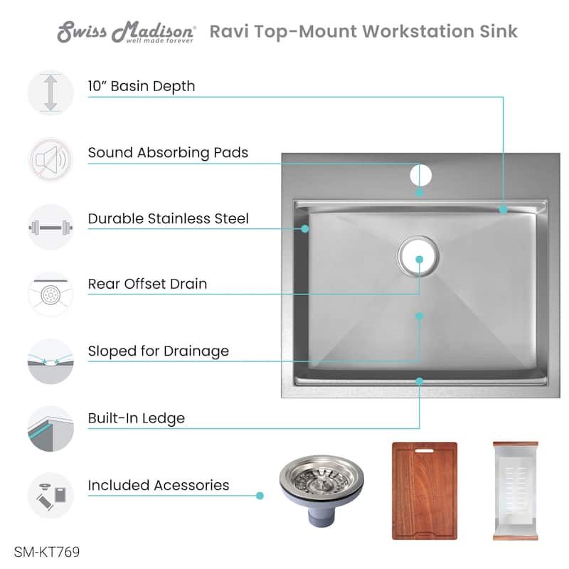 Swiss Madison SM-KT769 Ravi 22" Drop In Single Basin Stainless Steel
