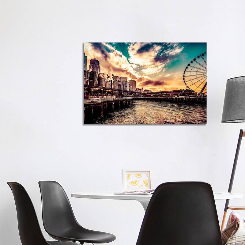 iCanvas "Turquoise Seattle Sunrise Great Wheel Pier 57 Cityscape" by Nature Magick Canvas Print - 26x40x1.5